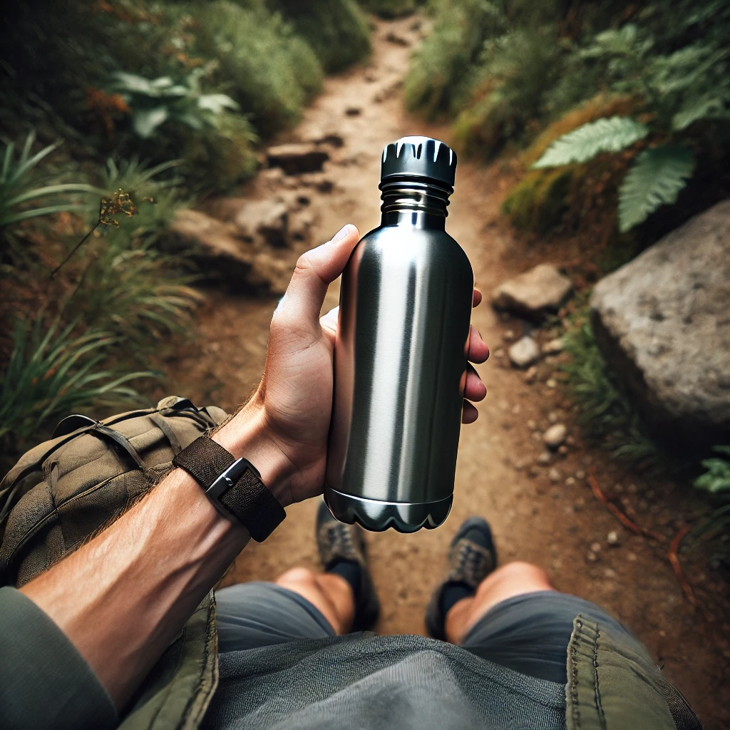 DALL·E 2024-07-13 15.29.22 - A person holding a vacuum-sealed stainless steel canteen water bottle in their hand on a hiking trail. The view is from the point of view of the perso