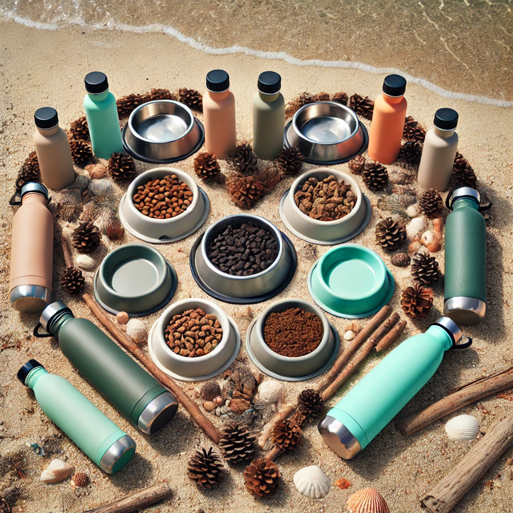 DALL·E 2024-07-13 17.56.39 - A heart-shaped arrangement of unbranded dog bowls and water bottles on the sand at the beach. The bowls and bottles should include food bowls and vacu