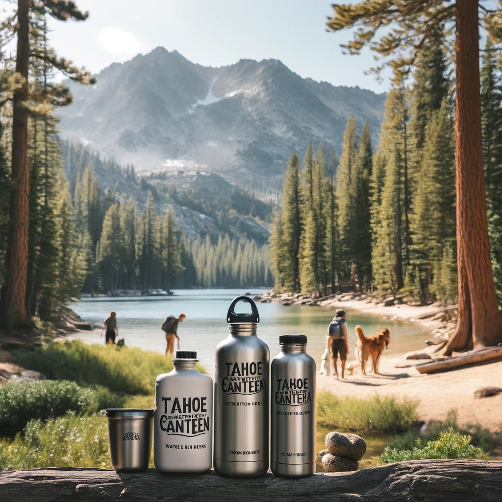 DALL·E 2024-07-14 20.54.16 - A nature and adventure scene related to Tahoe Canteen Company. Picture a serene lake surrounded by tall pine trees and mountains, with a group of frie